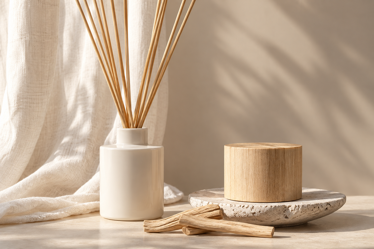 A minimalist diffuser setup with a white ceramic bottle and reeds on the left, and a small round wooden container resting on a stone tray on the right, styled with natural wood sticks on a warm beige surface with draped fabric and leaf shadows.