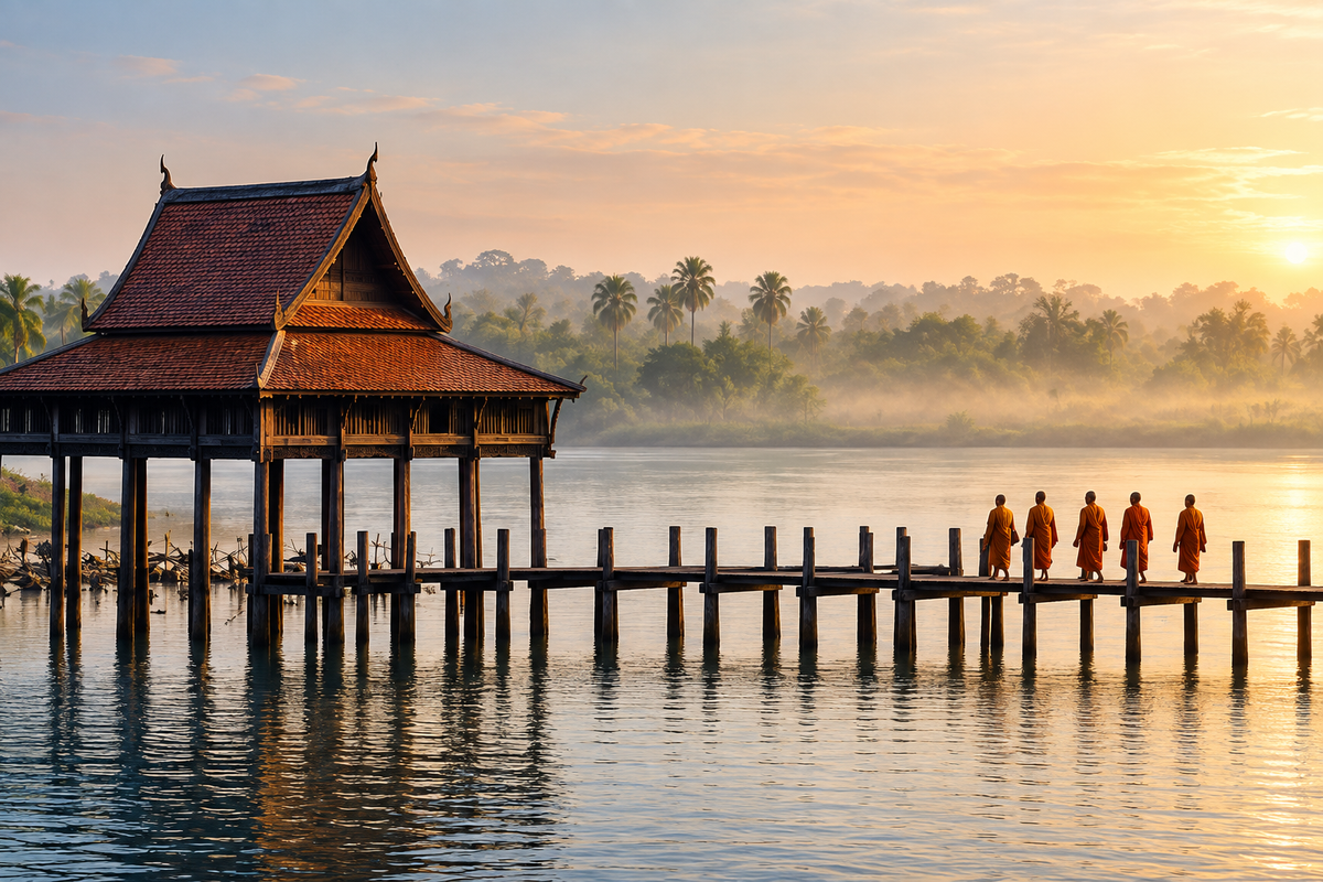 A scenic landscape print showing a traditional wooden pavilion on a pier over calm water at sunrise, with five monks walking along the pier and misty trees in the background.