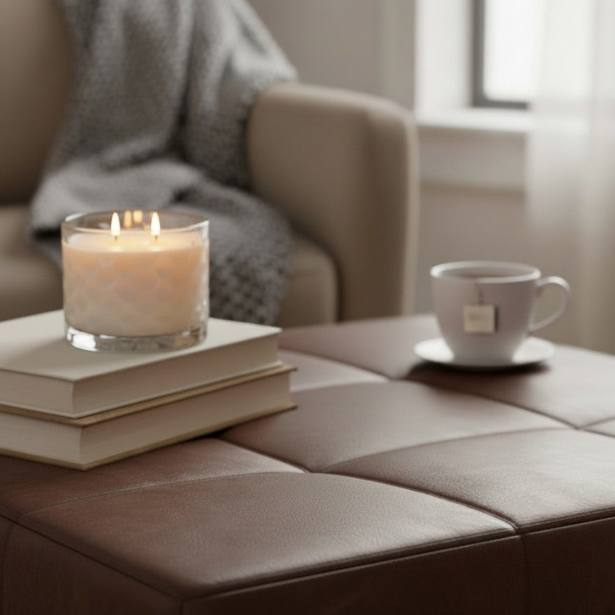 Candle, books, and a teacup on a leather ottoman in a cozy living room.