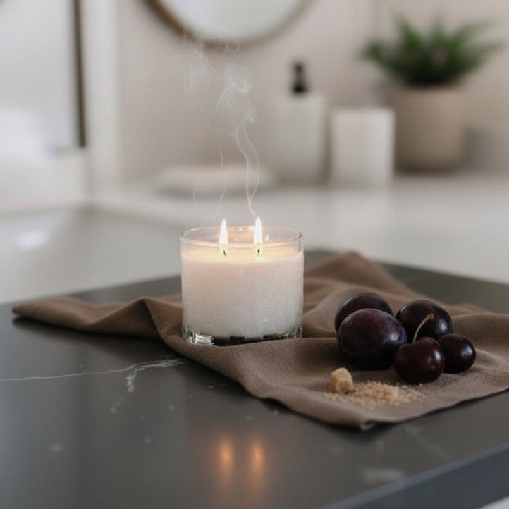 Candle burning on a kitchen counter with plums and a brown cloth