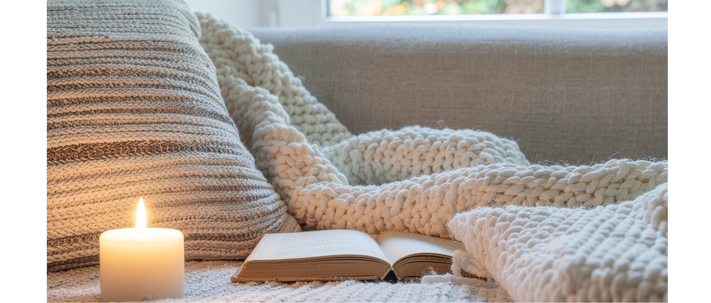 Cozy reading nook with a blanket, book, and candle on a couch.
