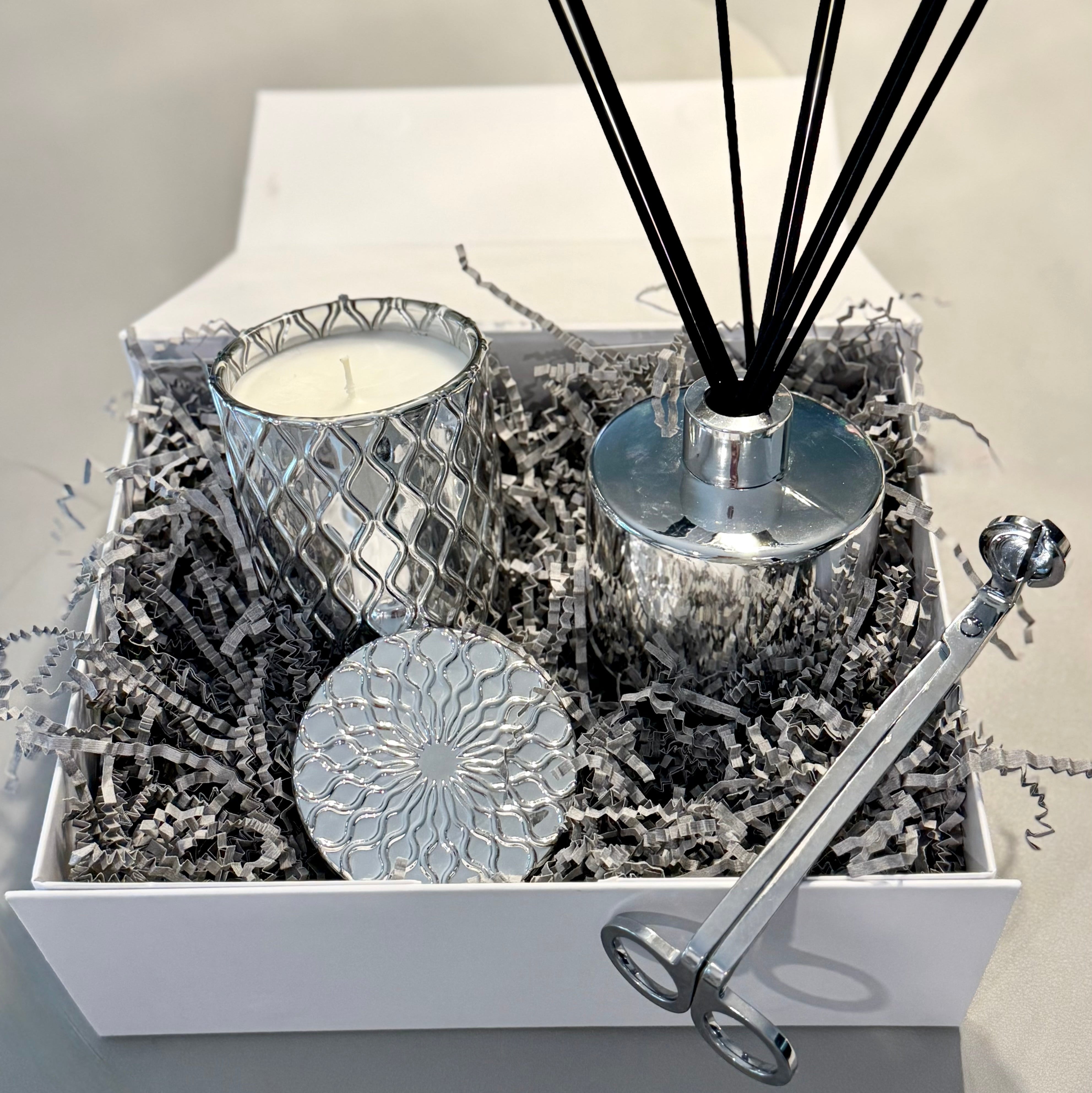 Silverscape Collection Set – front view, complete diffuser and candle set