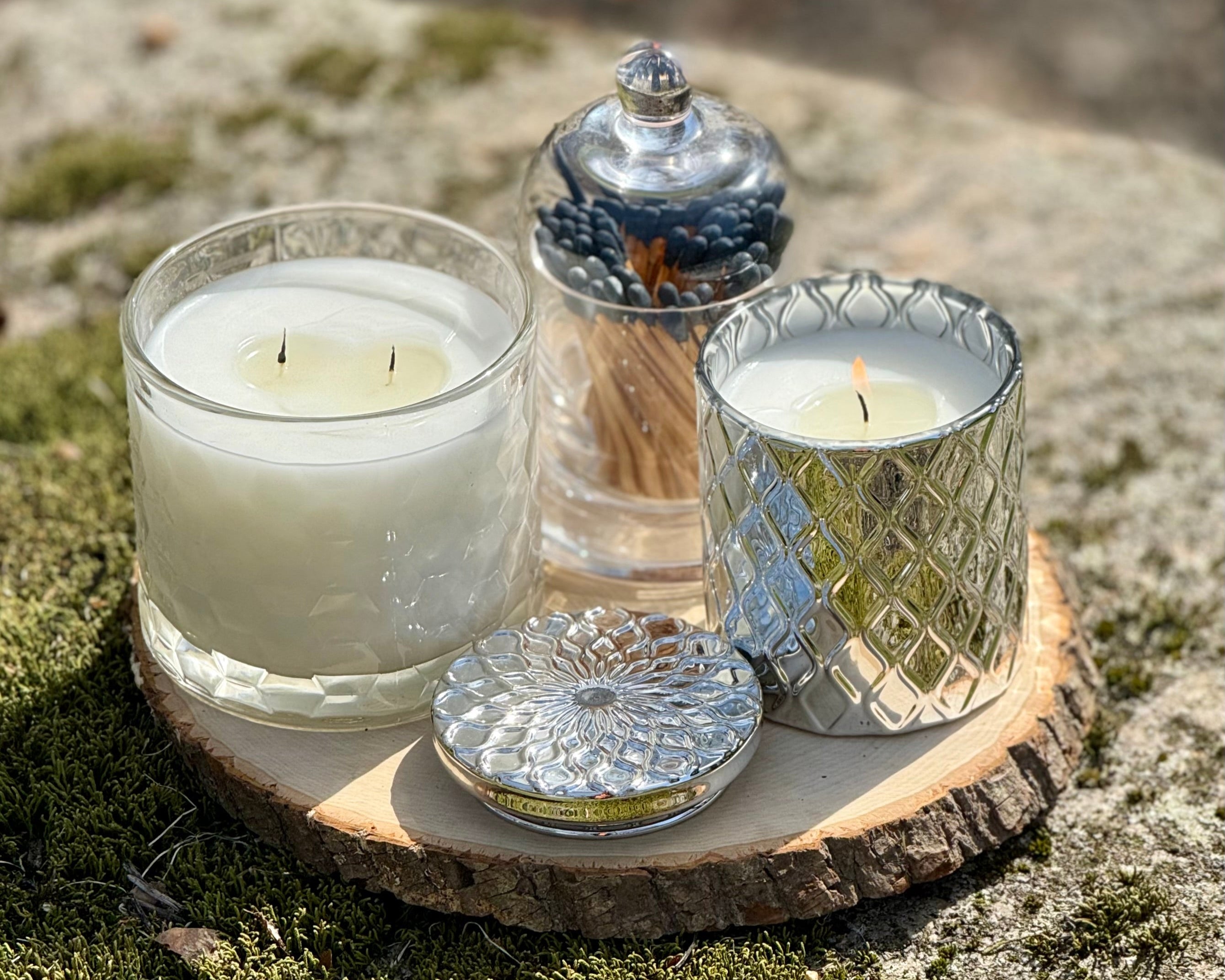 HexaGlow Candle - Oakmoss & Amber Grove, side angle showing modern hexagonal vessel