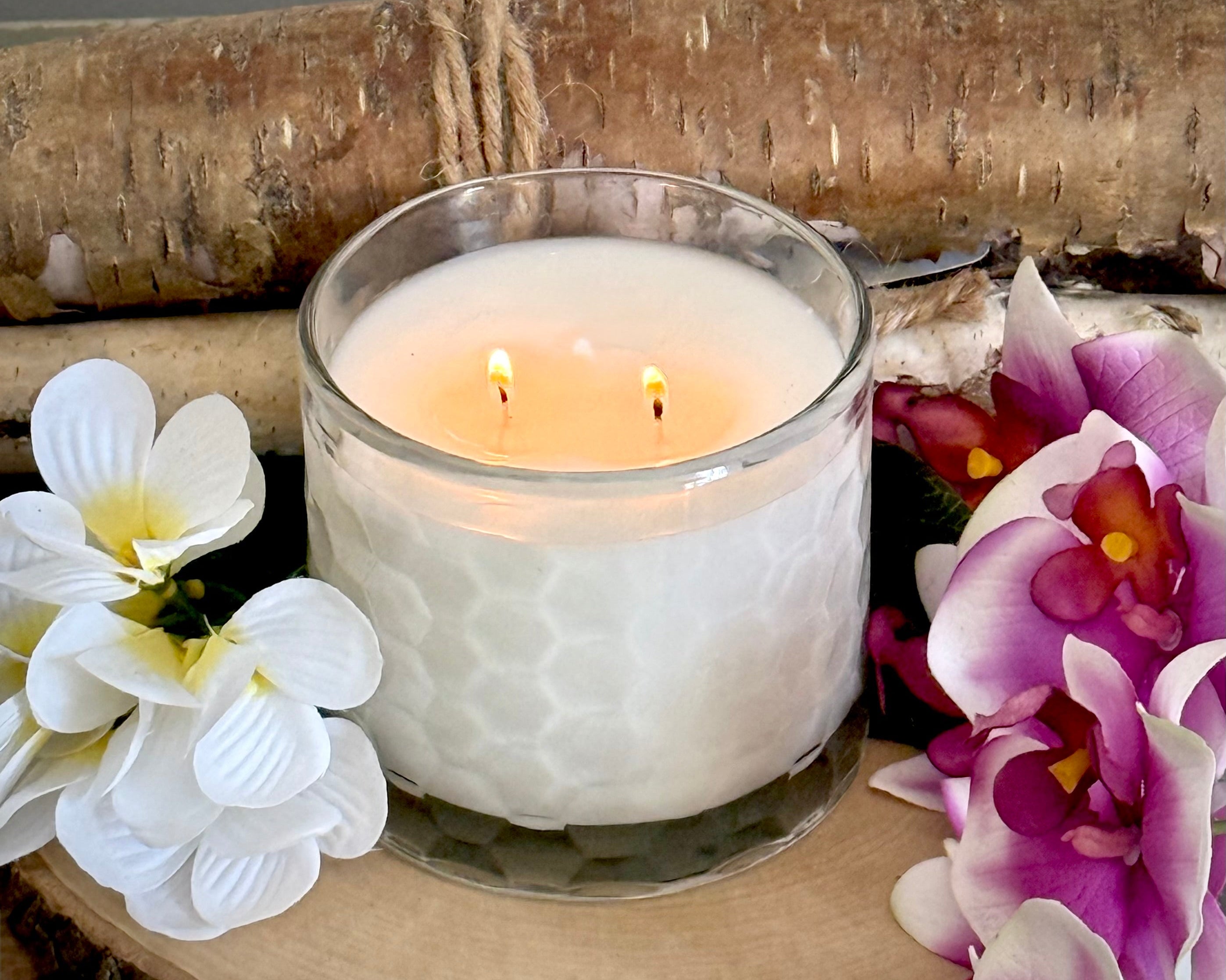 HexaGlow Candle - Plumeria Whisper scent, front view with hexagon design