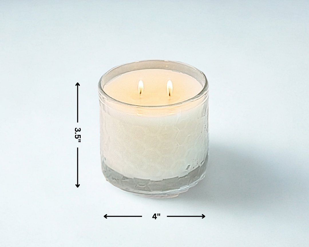 HexaGlow Candle - Plumeria Whisper dimensions 3.5 inches tall, 4 inches wide