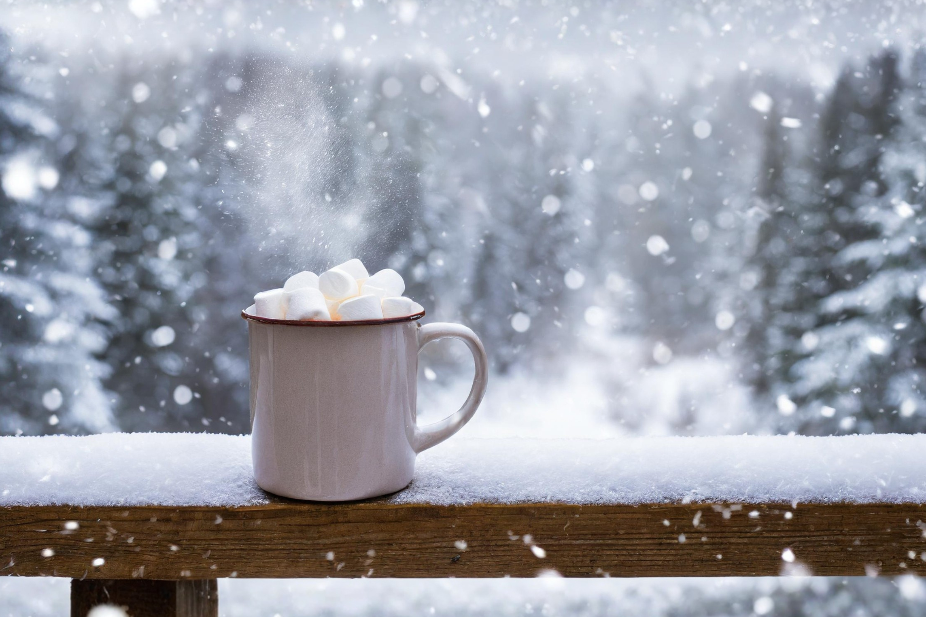 White mug with marshmallows on a snowy surface with trees in the background