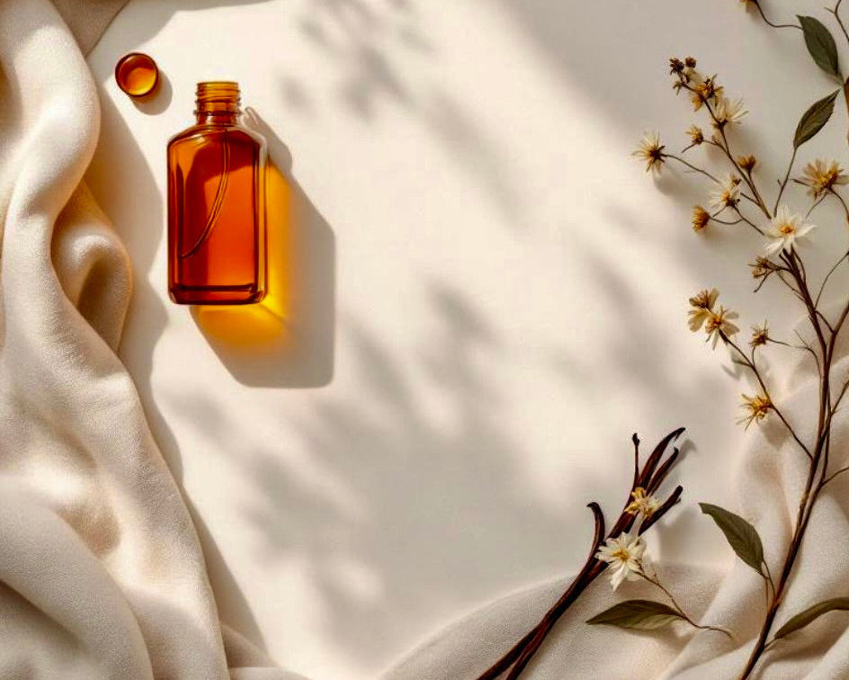 Amber glass bottle on beige fabric with vanilla beans and flowers