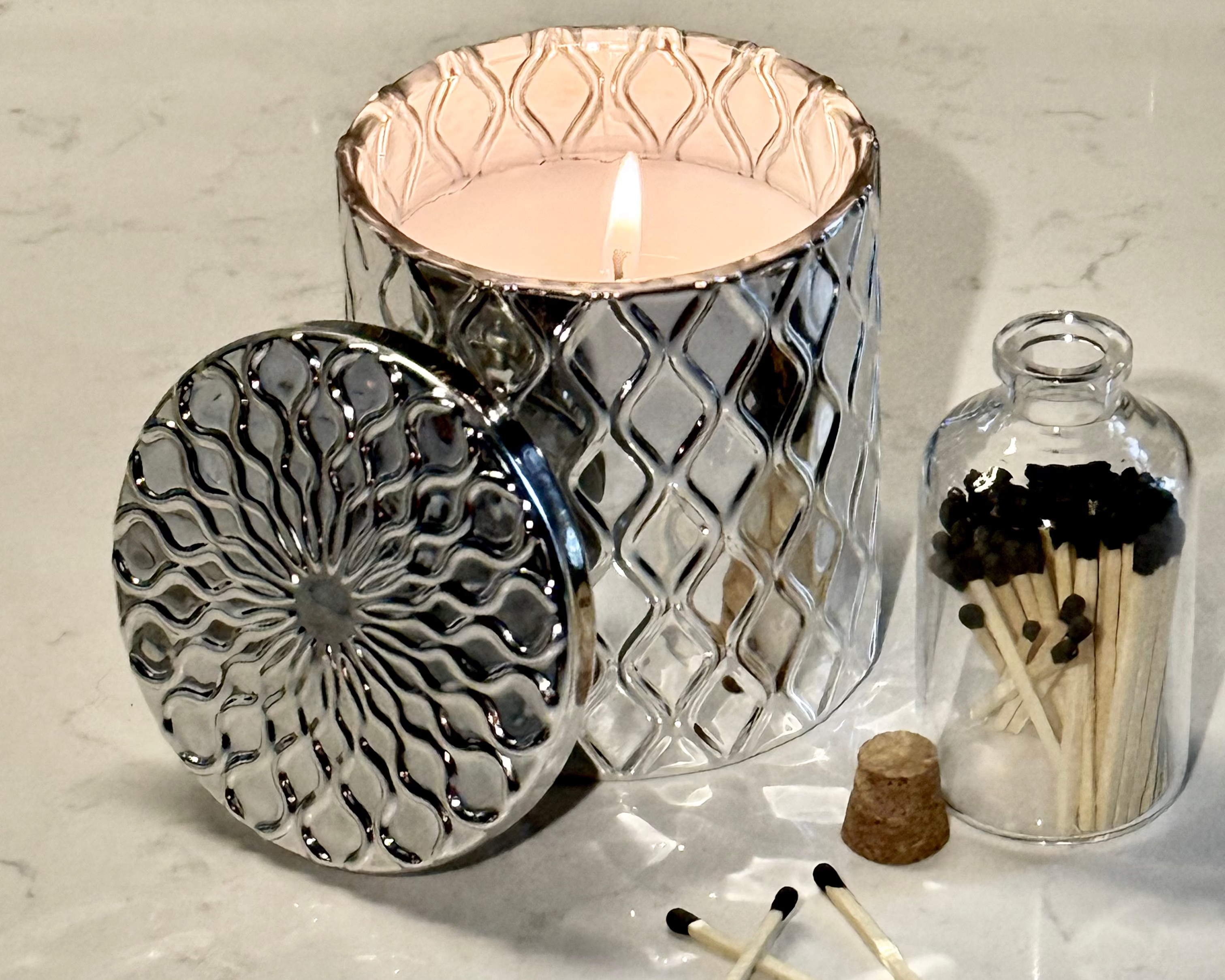 Silverscape Candle – Amalfi Neroli Breeze, angled side view highlighting hexagon facets
