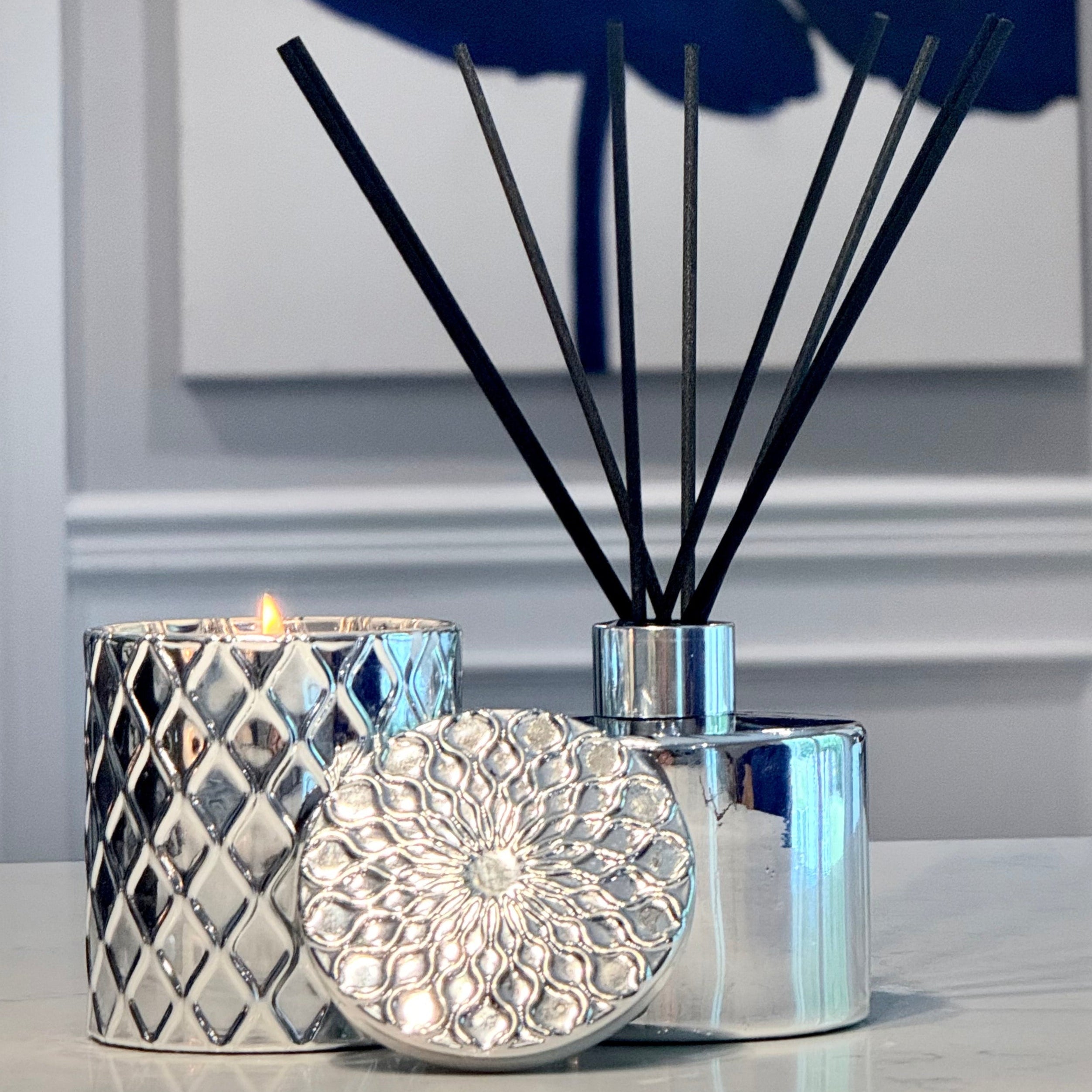 Silverscape Collection Set – top view of diffuser and candle arrangemen