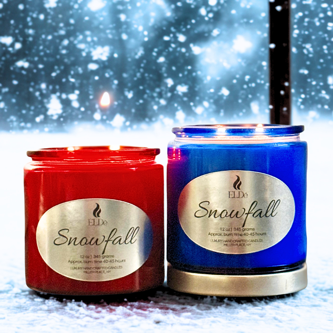 Two candles, one red and one blue, labeled 'Snowfall' on a snowy background.
